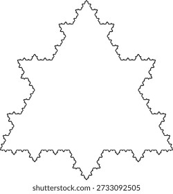 Padrão variante fractal do floco de neve de Koch em um fundo branco, formado por segmentos de linha preta apontando para fora, com uma estrutura geométrica abstrata, simetria, singularidade e autossimilaridade. Adequado para ilustração matemática, científica e educacional, design de fundo, cartazes e decoração.