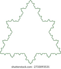 Padrão variante fractal do floco de neve de Koch com sete iterações sobre um fundo branco, formado por segmentos de linha verde apontando para fora, com uma estrutura geométrica abstrata, simetria, unicidade e autossimilaridade. Adequado para ilustração matemática, científica e educacional, design de fundo, cartazes e decoração.