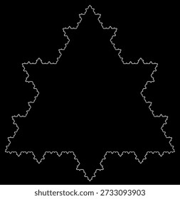 Padrão variante fractal do floco de neve de Koch com sete iterações sobre um fundo preto, formado por segmentos de linha branca apontando para fora, com uma estrutura geométrica abstrata, simetria, unicidade e autossimilaridade. Adequado para ilustração matemática, científica e educacional, design de fundo, cartazes e decoração.