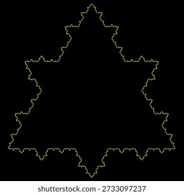 Koch snowflake fractal variant pattern with seven iterations on a black background, formed by yellow line segments pointing outward, with an abstract geometric structure, symmetry, uniqueness and self-similarity. Suitable for mathematical, scientific and educational illustration, background design, posters and decoration.