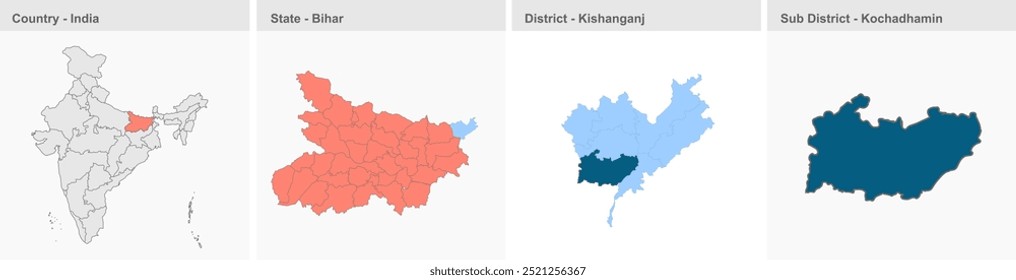 Kochadhamin mapa, Kishanganj Distrito, Bihar Estado, República de India, Gobierno de Bihar, territorio indio, India oriental, política, pueblo, turismo