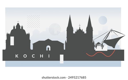 Kochi city Skyline with Famous Places - Stock Illustration as EPS 10 File