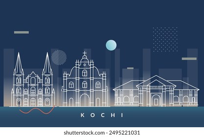 Kochi city Skyline with Famous Places - Stock Illustration as EPS 10 File