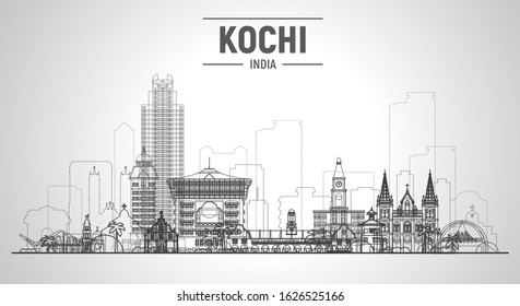 Kochi ( India ) city line skyline at white background. Flat vector illustration. Business travel and tourism concept with modern buildings. Image for banner or web site.