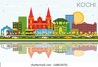 Kochi India City Skyline with Color Buildings, Blue Sky and Reflections. Vector Illustration. Business Travel and Tourism Concept with Historic Architecture. Kochi Cityscape with Landmarks.