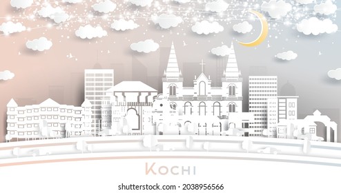 Kochi India City Skyline in Paper Cut Style with White Buildings, Moon and Neon Garland. Vector Illustration. Travel and Tourism Concept. Kochi Cityscape with Landmarks.
