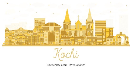 Kochi India City Skyline silhouette with golden Buildings Isolated on White. Vector Illustration. Business Travel and Tourism Concept with Historic Architecture. Kochi Cityscape with Landmarks.