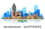 Kochi ( India ) city skyline at white background. Flat vector illustration. Business travel and tourism concept with modern buildings. Image for banner or web site.