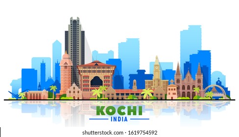 Kochi ( India ) city skyline at white background. Flat vector illustration. Business travel and tourism concept with modern buildings. Image for banner or web site.