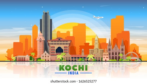 Kochi ( India ) city skyline at white background. Flat vector illustration. Business travel and tourism concept with modern buildings. Image for banner or web site.