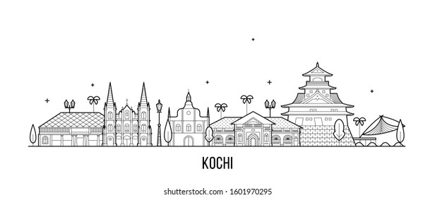 Kochi skyline, Kerala, India. This illustration represents the city with its most notable buildings. Vector is fully editable, every object is holistic and movable