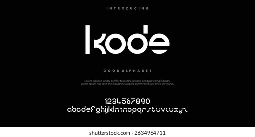 KODE futuristic minimalist display font design, alphabet, typeface, letters and numbers, typography.