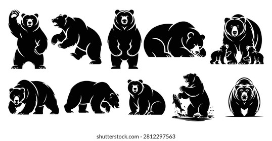 Kodiak Bear Silhouette Vector Set - Grizzly and Cubs Clipart Bundle
