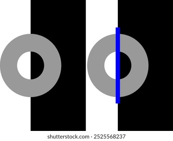 Ilusão em anel de Kofka. Ilusão óptica gráfica vetorial. Ambos os anéis são idênticos, mas a linha azul na imagem direita faz com que o anel pareça cinza de dois tons