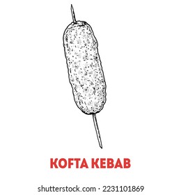 Kofta Kebab Skizze, türkisches Essen. Handgezeichnete Vektorgrafik. Türkisches Straßenessen. Sketch-Stil. Draufsicht. Vintage, Vektorgrafik.