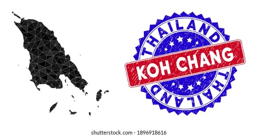 Koh Chang map polygonal mesh with filled triangles, and unclean bicolor stamp. Triangle mosaic Koh Chang map with mesh vector model, triangles have different sizes, and positions, and color tinges.