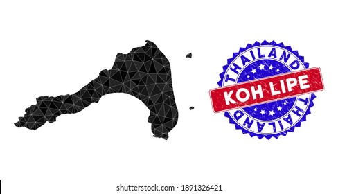 Koh Lipe map polygonal mesh with filled triangles, and rough bicolor stamp seal. Triangle mosaic Koh Lipe map with mesh vector model, triangles have various sizes, and positions, and color hues.