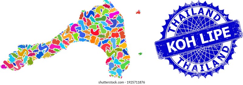 Koh Lipe map vector image. Spot pattern map and grunge stamp seal for Koh Lipe. Sharp rosette blue stamp seal with tag for Koh Lipe map.