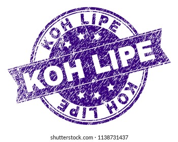 KOH LIPE stamp seal watermark with grunge style. Designed with ribbon and circles. Violet vector rubber print of KOH LIPE title with grunge texture.