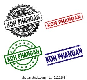 KOH PHANGAN seal prints with distress style. Black, green,red,blue vector rubber prints of KOH PHANGAN text with scratched style. Rubber seals with round, rectangle, medallion shapes.