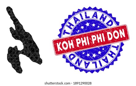 Koh Phi Don map polygonal mesh with filled triangles, and grunge bicolor stamp imitation. Triangle mosaic Koh Phi Don map with mesh vector model, triangles have variable sizes, and positions,