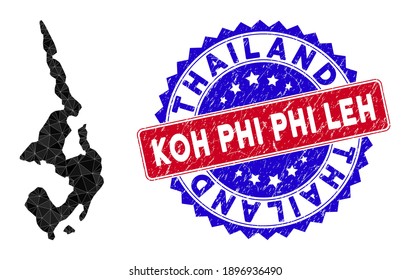 Mapa de la malla poligonal Koh Phi Leh con triángulos rellenos y sello bicolor rasado. Mapa de mosaico triangular Koh Phi Leh con modelo de vector de malla, triángulos con tamaños y posiciones aleatorias,