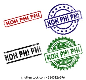 KOH PHI seal prints with damaged texture. Black, green,red,blue vector rubber prints of KOH PHI caption with unclean surface. Rubber seals with circle, rectangle, medallion shapes.