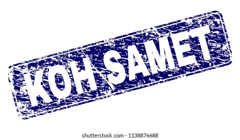 KOH SAMET stamp seal print with distress style. Seal shape is a rounded rectangle with frame. Blue vector rubber print of KOH SAMET label with dust style.