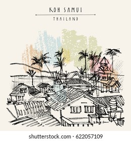 Koh Samui island, Thailand. Bo Phut village. Rural tropical landscape. Backpacker summer paradise. Travel sketch. Vintage touristic postcard, poster, booklet or book illustration in vector