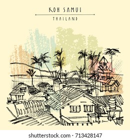 Koh Samui island, Thailand. Bo Phut village. Rural tropical landscape. Backpacker summer paradise. Travel sketch. Vintage touristic postcard, poster, booklet or book illustration in vector