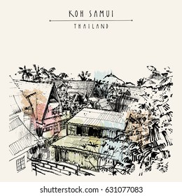 Koh Samui island, Thailand, Southeast Asia. Rural tropical landscape. Freelancers' summer paradise. Travel sketch. Vintage touristic postcard, poster, booklet or book illustration in vector