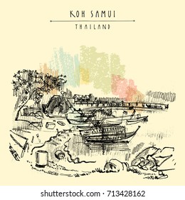 Koh Samui island, Thailand, Southeast Asia. Rural tropical landscape. Fishing boats. Travel sketch. Vintage touristic postcard, poster, booklet or book illustration in vector