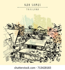 Koh Samui island, Thailand, Southeast Asia. Rural tropical landscape. Freelancers' summer paradise. Travel sketch. Vintage touristic postcard, poster, booklet or book illustration in vector