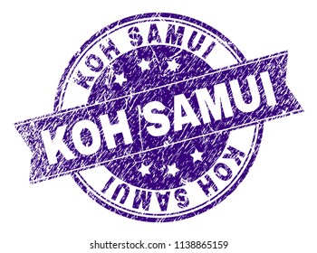 KOH SAMUI stamp seal imprint with grunge effect. Designed with ribbon and circles. Violet vector rubber print of KOH SAMUI tag with grunge texture.