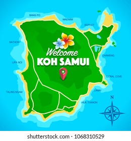 Koh Samui Thailand island artistic map with typography and names of beaches. Fresh colors vector art. 