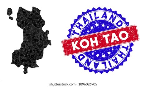 Koh Tao Thai Island map polygonal mesh with filled triangles, and scratched bicolor rubber seal. Triangle mosaic Koh Tao Thai Island map with mesh vector model, triangles have variable sizes,