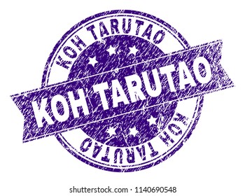 KOH TARUTAO stamp seal imprint with grunge effect. Designed with ribbon and circles. Violet vector rubber print of KOH TARUTAO label with grunge texture.