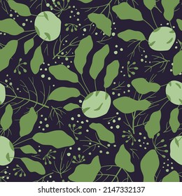 Kohlrabi cabbage and spicy herbs flat vector seamless pattern. Illustration of organic fresh vegetables and spices. Background on the theme of cuisine, cooking, farm products, healthy food.