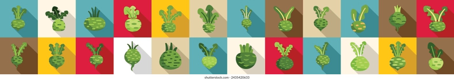 Kohlrabi icons set flat vector. Agriculture cabbage. Cooking cuisine food