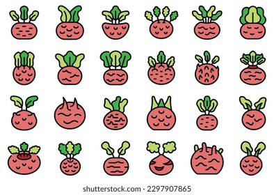 Kohlrabi icons set outline vector. Cabbage cooking. Cuisine food thin line color on white