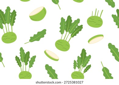 Kohlrabi vegetable seamless pattern. Nature background of Kohlrabi isolated on white. Gardening, farming and food concept. Vector flat banner.