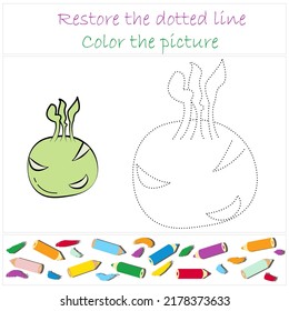 Kohlrabi. Vegetables. Educational developing game for preschoolers "Trace and color". Vector illustration for children, eps