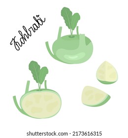 Kohlrabi. Whole, half and piece. Flat style. Vector illustration