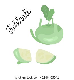 Kohlrabi. Whole and piece. Flat style. Vector illustration