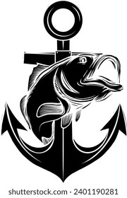 Koi carp and anchor emblem design. Monochrome element with fish and ocean wave vector illustration with text. Sea wildlife or sailing concept for symbols and labels templates