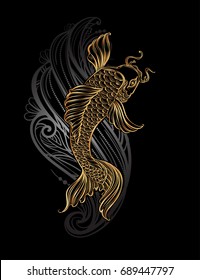 Koi carp - Asian spiritual symbols. Goldfish with silver waves and Japanese character meaning Koi. It can be used for tattoo and embossing or print for interior. T-shirt design.