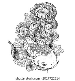 Koi carp and chrysanthemum flowers sketch. Vector illustration. Tattoo print. Hand drawn illustration for t-shirt print, fabric and other uses.
