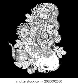 Koi carp and chrysanthemum flowers sketch. Vector illustration. Tattoo print. Hand drawn illustration for t-shirt print, fabric and other uses.