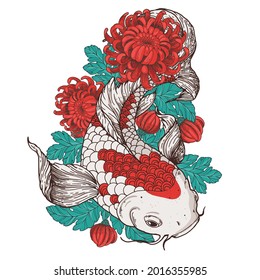 Carpa de Koi y flores de crisantemo. Ilustración vectorial. Tatuaje impreso. Ilustración dibujada a mano para la impresión de camisetas, el tejido y otros usos. 