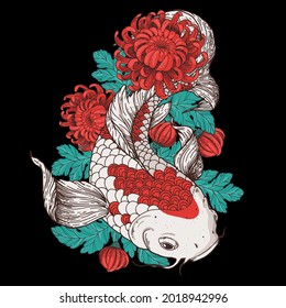 Carpa de Koi y flores de crisantemo. Ilustración vectorial. Tatuaje impreso. Ilustración dibujada a mano para la impresión de camisetas, el tejido y otros usos.